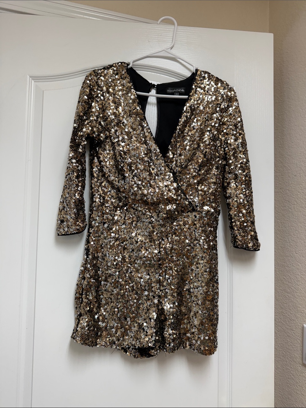 Metallic Gold Sequin Wrap Romper by Madison & Berkeley
